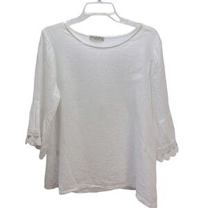 Terzo Millennio White‎ 100% Linen 3/4 Bell Sleeves Crochet Lace Trim Top …